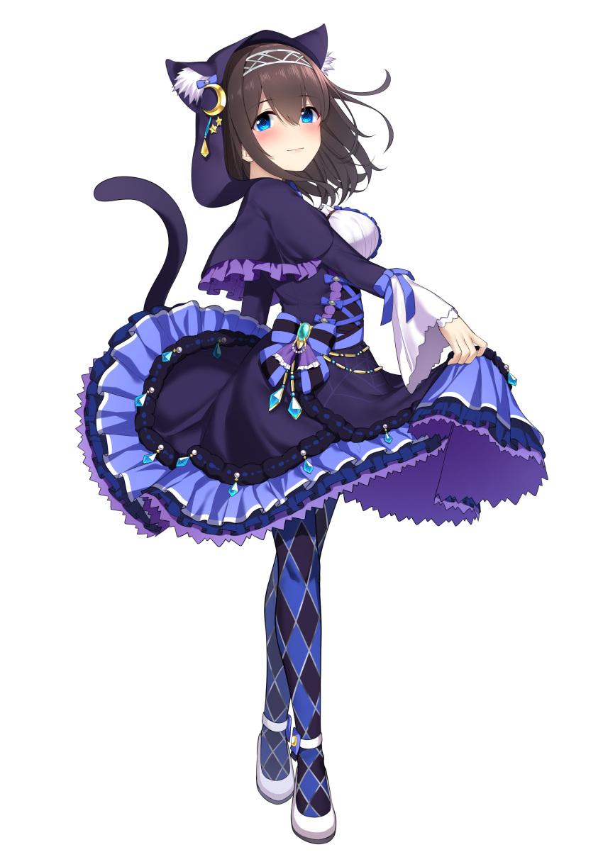 1girl absurdres animal_ears argyle_thighhighs belly_chain blue_eyes blue_ribbon blue_thighhighs blush breasts brown_hair cat_ears cat_tail closed_mouth crescent crescent_hair_ornament dress fake_animal_ears fake_tail frilled_dress frills full_body gem go-1 hair_between_eyes hair_ornament hairband highres hood idolmaster idolmaster_cinderella_girls idolmaster_cinderella_girls_starlight_stage jewelry large_breasts long_hair long_sleeves looking_at_viewer purple_dress ribbon sagisawa_fumika shoes simple_background skirt_hold smile solo star_(symbol) star_hair_ornament tail thigh-highs white_background