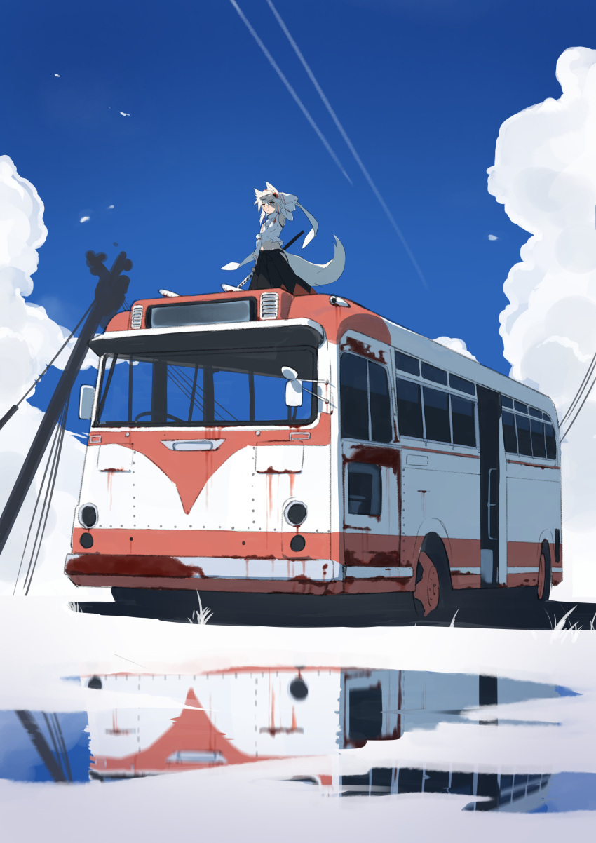 1girl absurdres animal_ears black_skirt blue_sky bus clouds commentary_request contrail highres inubashiri_momiji kakaricho_dairi looking_afar motor_vehicle multicolored_hair outdoors puddle red_skirt reflection scenery shirt skirt sky solo standing tail touhou two-tone_hair utility_pole white_shirt wolf_ears wolf_girl wolf_tail