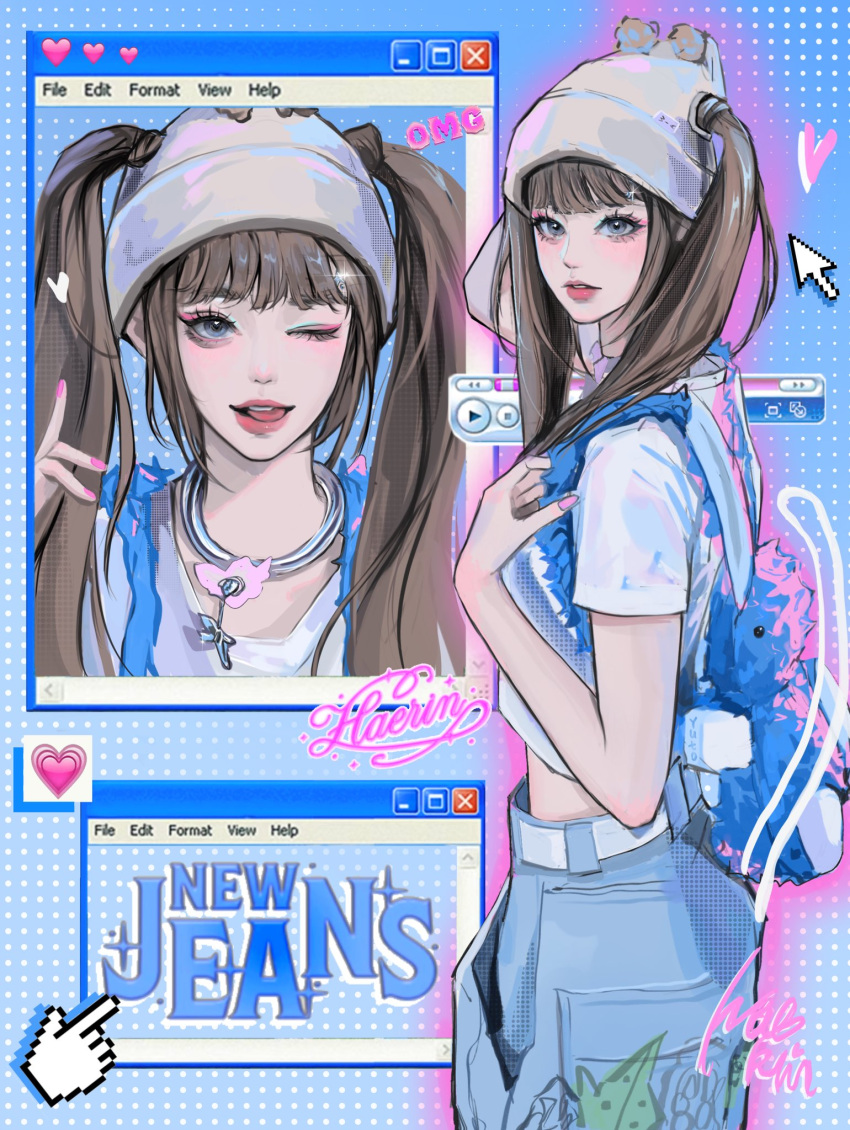 1girl backpack bag beanie belt blue_pants blush character_name copyright_name cropped_shirt cursor denim eyeshadow grey_eyes haerin_(newjeans) hand_on_own_chest hat heart highres jeans k-pop looking_at_viewer makeup multiple_views nail_polish newjeans omg_(newjeans) pants parted_lips pink_eyeshadow pink_nails play_button real_life shirt song_name tongue tongue_out twintails white_belt white_headwear white_shirt window_(computing) windows_xp yutoy_(gravity11_)