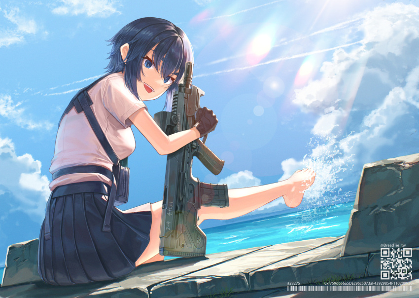 1girl black_gloves black_hair black_skirt blue_eyes blue_sky breasts clouds commentary_request day desert_tech_mdr dreadtie eyebrows_hidden_by_hair gloves gun hair_between_eyes highres holding holding_gun holding_weapon original outdoors pleated_skirt qr_code shirt short_sleeves skirt sky small_breasts solo splashing thick_eyebrows water weapon white_shirt