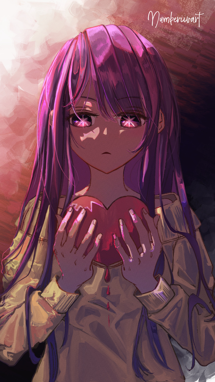 1girl absurdres artist_name blood_drip commentary english_commentary heart highres holding holding_heart hoshino_ai_(oshi_no_ko) long_hair numberiiv off-shoulder_sweater off_shoulder oshi_no_ko parted_lips purple_hair sidelocks solo star-shaped_pupils star_(symbol) sweater symbol-shaped_pupils violet_eyes yellow_sweater
