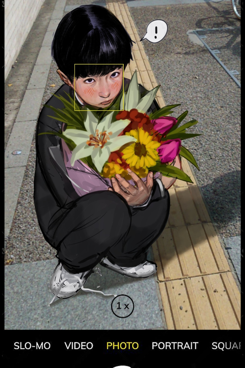 ! 1boy black_hair black_shirt blush bouquet closed_mouth english_text flower from_above highres holding holding_bouquet kageyama_shigeo long_sleeves looking_at_viewer mob_psycho_100 photo_background school_uniform shadow shirt shoes short_hair sneakers speech_bubble spoken_exclamation_mark squatting tactile_paving vats9underscore9 viewfinder