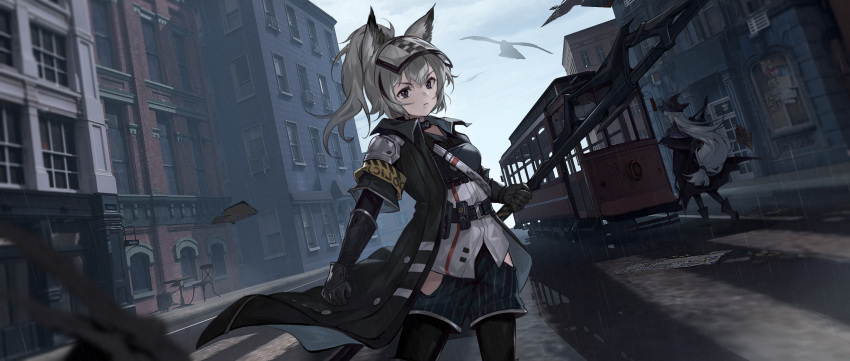 14sky 2girls animal_ears arknights armband bird black_coat black_footwear black_gloves black_headwear black_thighhighs blue_shorts boots breasts building chair chinese_commentary closed_mouth coat crosswalk day elbow_gloves facing_away gloves grani_(arknights) grey_hair hair_between_eyes hat high_ponytail highres hip_vent holding holding_polearm holding_weapon horse_ears layered_sleeves long_hair long_sleeves looking_at_viewer medium_hair multiple_girls open_clothes open_coat outdoors polearm rain shirt short_over_long_sleeves short_sleeves shorts shoulder_guard skadi_(arknights) small_breasts streetcar striped striped_shorts sword sword_on_back table thigh-highs vertical-striped_shorts vertical_stripes very_long_hair violet_eyes visor_cap weapon weapon_on_back white_shirt witch_hat
