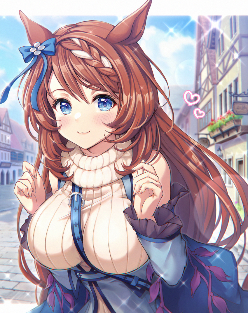 1girl animal_ears bag between_breasts blue_bag blue_bow blue_jacket bow braid breasts brown_hair cropped_torso ear_bow heart highres horse_ears horse_girl jacket large_breasts long_hair long_sleeves looking_at_viewer mirukurim multicolored_hair outdoors ribbed_sweater shoulder_bag smile strap_between_breasts streaked_hair super_creek_(umamusume) sweater umamusume upper_body white_hair