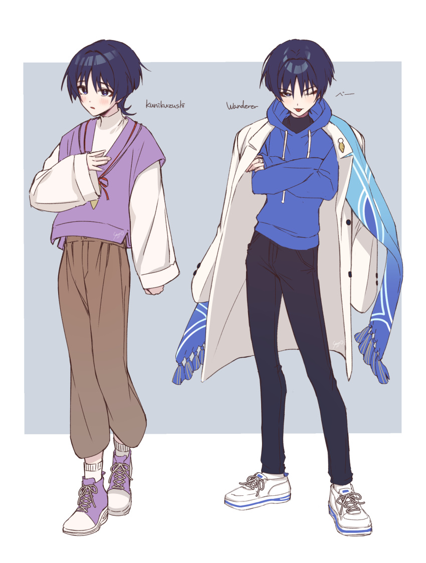 1boy ;q absurdres black_hair blue_hoodie blunt_ends blush character_name converse crossed_arms full_body genshin_impact highres hood hoodie ice_s_s_z long_sleeves looking_at_viewer male_focus multiple_persona multiple_views nervous one_eye_closed pants parted_lips scaramouche_(genshin_impact) scaramouche_(kabukimono)_(genshin_impact) shoelaces shoes short_hair simple_background smile sneakers socks standing tongue tongue_out wanderer_(genshin_impact) white_footwear white_socks