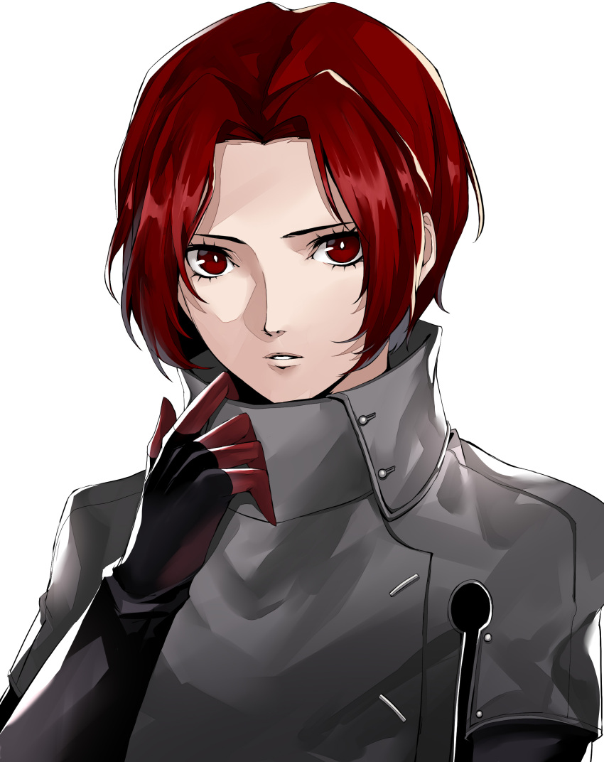 1boy absurdres black_gloves forehead gloves grey_jacket highres jacket looking_at_viewer male_focus parted_bangs parted_lips persona persona_5 persona_5:_the_phantom_x pertex_777 red_eyes red_gloves redhead short_hair simple_background solo two-tone_gloves white_background wonder_(p5x)