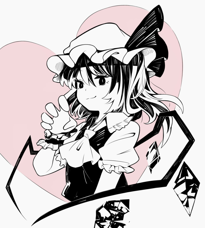 1girl closed_mouth commentary cropped_torso crystal flandre_scarlet greyscale greyscale_with_colored_background hanokami hat hat_ribbon heart high_contrast highres looking_at_viewer medium_hair mob_cap monochrome one_side_up ribbon solo touhou wings wrist_cuffs