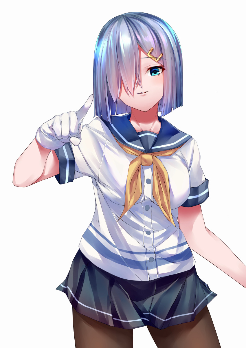 001machi 1girl absurdres black_pantyhose blue_eyes blush breasts eyes_visible_through_hair gloves grey_hair grey_skirt hair_ornament hair_over_one_eye hairclip hamakaze_(kancolle) highres kantai_collection large_breasts looking_at_viewer neckerchief pantyhose pleated_skirt school_uniform serafuku short_hair short_sleeves simple_background skirt smile solo white_gloves yellow_neckerchief