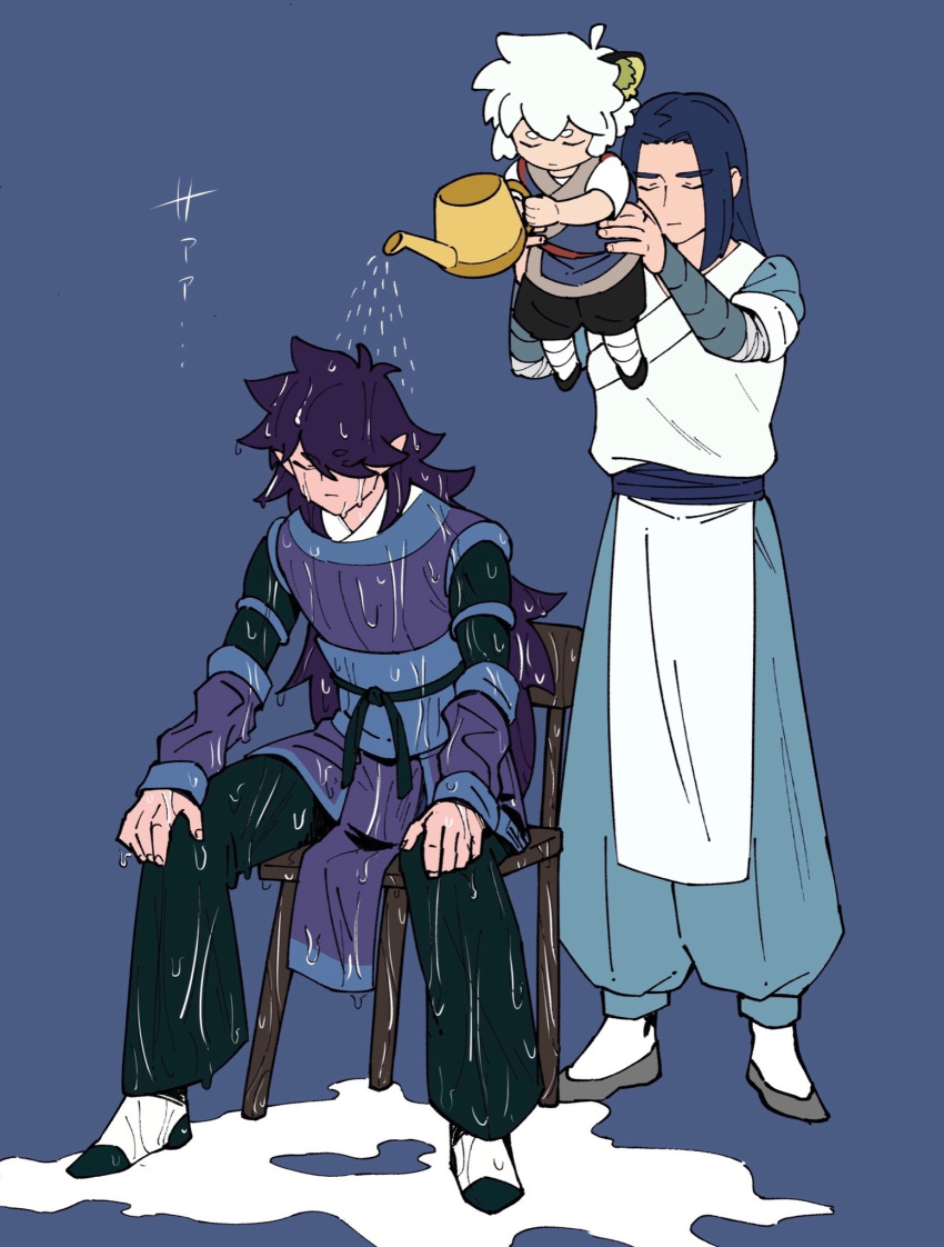 3boys arm_wrap blue_background blue_hair cat_boy chair child chinese_clothes closed_eyes fengxi_(the_legend_of_luoxiaohei) hair_intakes hair_over_one_eye highres leg_wrap long_hair luo_xiaohei luo_xiaohei_zhanji male_child male_focus multiple_boys nploser pelvic_curtain pouring pouring_onto_another purple_hair simple_background sitting water watering_can white_hair wuxian_(the_legend_of_luoxiaohei)