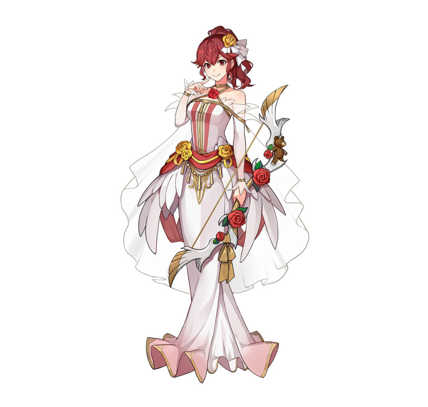 1girl anna_(fire_emblem) bare_shoulders bouquet bow_(weapon) breasts detached_sleeves dress feather_trim finger_to_mouth fire_emblem fire_emblem_heroes flower flower_brooch gold_bracelet gold_choker high_ponytail holding holding_bouquet holding_bow_(weapon) holding_weapon looking_at_viewer medium_breasts official_alternate_costume official_art ponytail red_eyes red_flower red_rose redhead rose smile weapon white_background white_dress yellow_flower yellow_rose