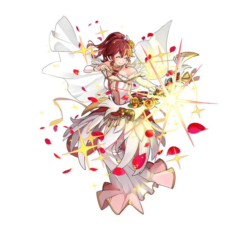 1girl aiming anna_(fire_emblem) attack bare_shoulders bouquet bow_(weapon) breasts closed_mouth detached_sleeves dress feather_trim fire_emblem fire_emblem_heroes flower flower_brooch gold_bracelet gold_choker high_ponytail holding holding_bouquet holding_bow_(weapon) holding_weapon medium_breasts official_alternate_costume official_art open_mouth ponytail red_eyes red_flower red_rose redhead rose smile sparkle v-shaped_eyebrows weapon white_background white_dress yellow_flower yellow_rose