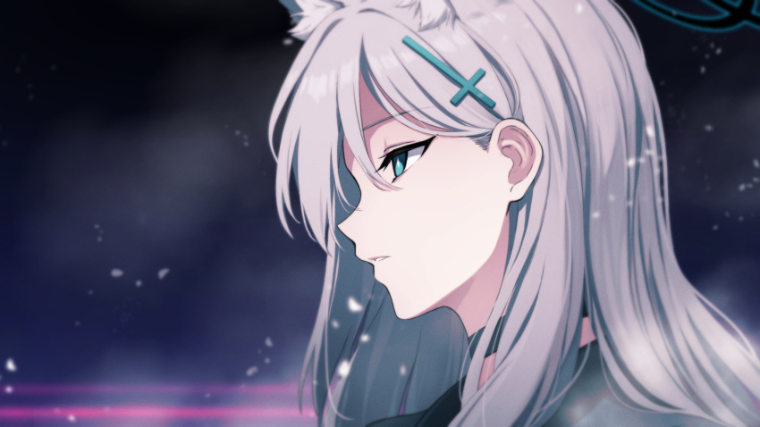 1girl ahoge animal_ear_fluff black_background black_choker blue_archive blue_eyes blurry choker commentary_request cross_hair_ornament depth_of_field extra_ears facing_away from_side grey_hair hair_between_eyes hair_ornament halo highres junu_(jwoo5627) long_hair long_sleeves looking_away profile shiroko_(blue_archive) shiroko_(terror)_(blue_archive) sidelocks simple_background solo wolf wolf_girl