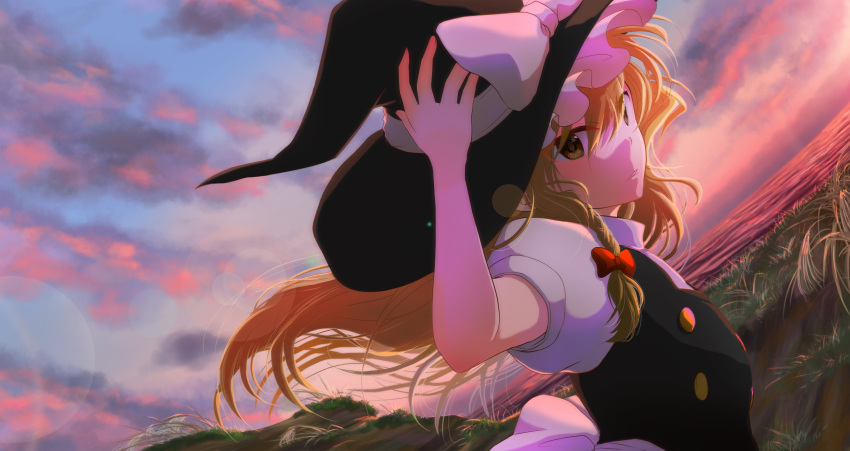 1girl absurdres black_headwear blonde_hair bow braid clouds commentary_request evening hair_bow hand_on_headwear hat hat_bow highres horizon kirisame_marisa leafy-miturugi-green long_hair looking_at_viewer outdoors parted_lips photoshop_(medium) red_bow side_braid single_braid solo touhou white_bow witch_hat yellow_eyes