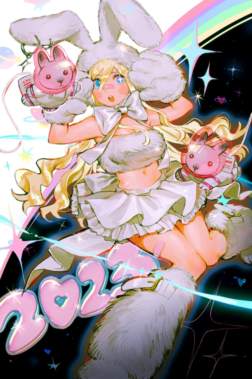 1girl 2023 :o animal_ears animal_hands astronaut bandaid black_background blonde_hair blue_eyes blush bow breasts chinese_zodiac dated fake_animal_ears fluffy fluffy_legwear frilled_skirt frills gloves heart highres large_breasts leg_warmers long_hair midriff original paw_gloves piercing rabbit rainbow skirt star_(symbol) very_long_hair wavy_hair white_background white_bow white_skirt yatatashira year_of_the_rabbit