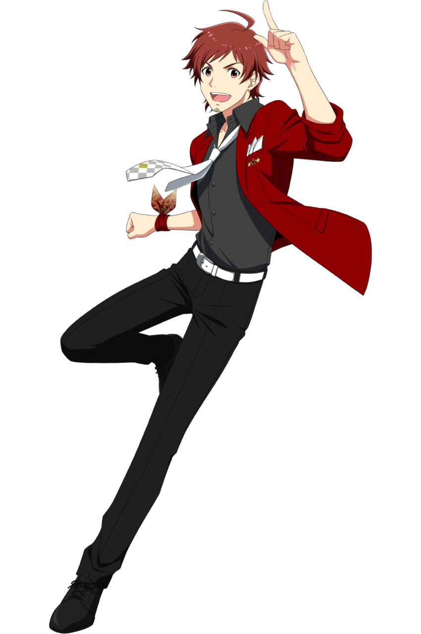 1boy ahoge belt black_footwear black_pants buttons collared_shirt facial_hair full_body goatee highres idolmaster idolmaster_side-m male_focus necktie official_art open_clothes open_mouth pants red_eyes redhead shirt shoelaces shoes sleeves_rolled_up tales_of_asteria teeth tendo_teru transparent_background upper_teeth_only white_belt white_necktie