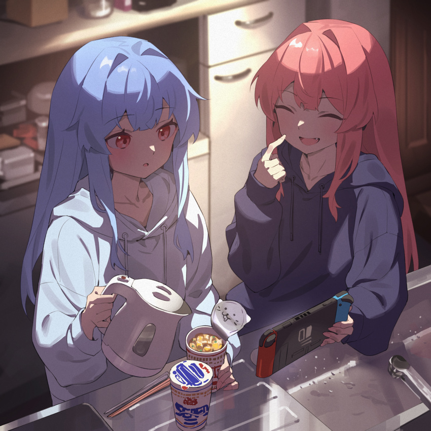 2girls :d :o ^_^ black_hoodie blue_hair casual chopsticks closed_eyes commentary_request cup fang faucet hair_intakes handheld_game_console highres holding holding_cup holding_handheld_game_console holding_kettle hood hood_down hoodie indoors kitchen kotonoha_akane kotonoha_aoi long_hair multiple_girls nintendo_switch open_mouth pink_hair ramen refrigerator siblings sink sisters smile upper_body voiceroid white_hoodie yamamomo_(plank)