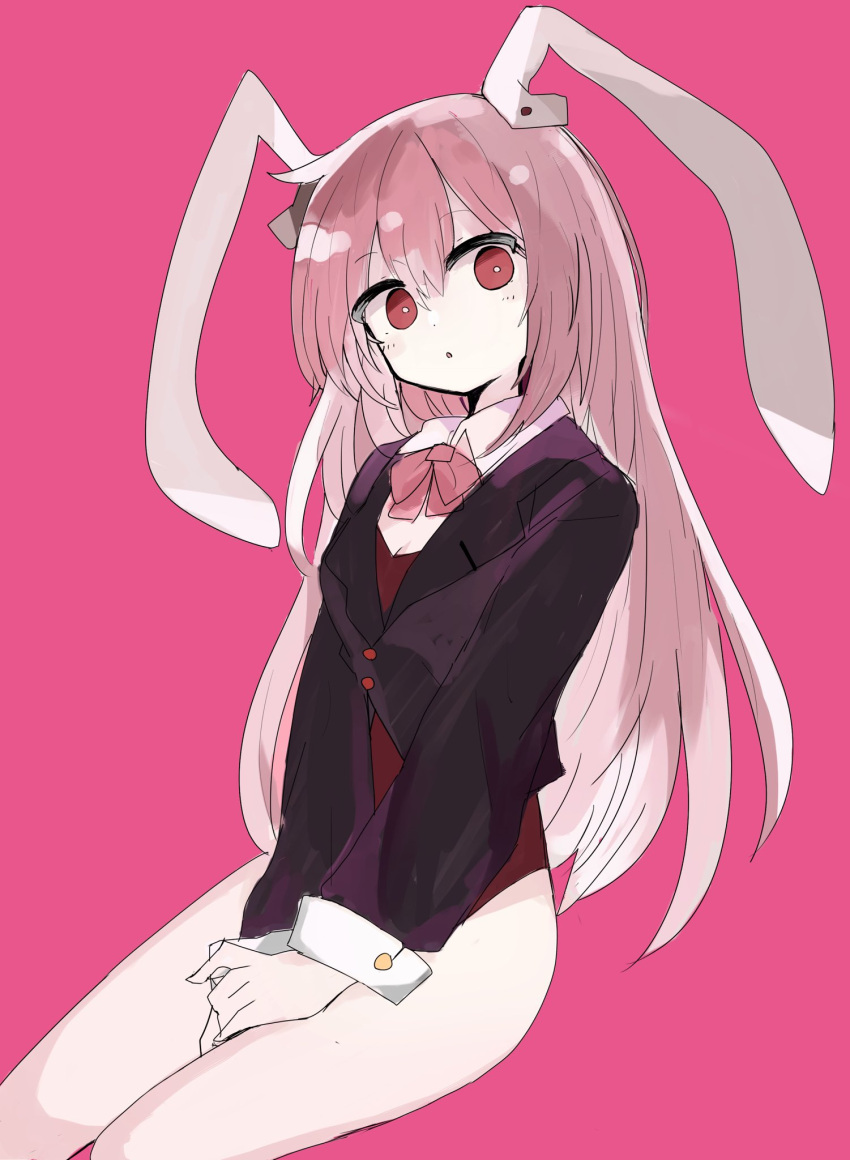 1girl 76gpo animal_ears black_jacket bow bowtie collared_shirt highres jacket long_hair long_sleeves looking_at_viewer open_mouth own_hands_together pink_background pink_bow pink_bowtie pink_eyes pink_hair rabbit_ears rabbit_girl reisen_udongein_inaba shirt simple_background solo touhou white_shirt