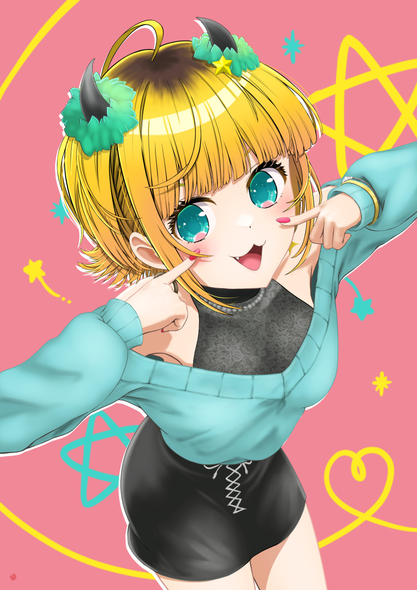 1girl :3 absurdres ahoge bead_necklace beads black_skirt blonde_hair blue_eyes blue_sweater blunt_bangs bracelet commentary demon_horns fang highres horns jewelry memcho nail_polish nao_suke necklace no_pupils off-shoulder_sweater off_shoulder open_mouth oshi_no_ko pink_nails pointing pointing_at_self short_hair sidelocks signature skirt star_(symbol) sweater