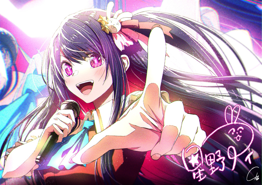 1girl 4b-enpitsu ascot bare_shoulders blue_ascot blush character_signature collared_dress commentary detached_sleeves dress hair_ornament hair_ribbon highres holding holding_microphone hoshino_ai_(oshi_no_ko) light_particles long_hair microphone one_side_up open_mouth oshi_no_ko pink_dress pink_ribbon pointing pointing_at_viewer purple_hair rabbit_hair_ornament ribbon sidelocks signature sleeveless sleeveless_dress solo star-shaped_pupils star_(symbol) star_hair_ornament swept_bangs symbol-shaped_pupils teeth violet_eyes