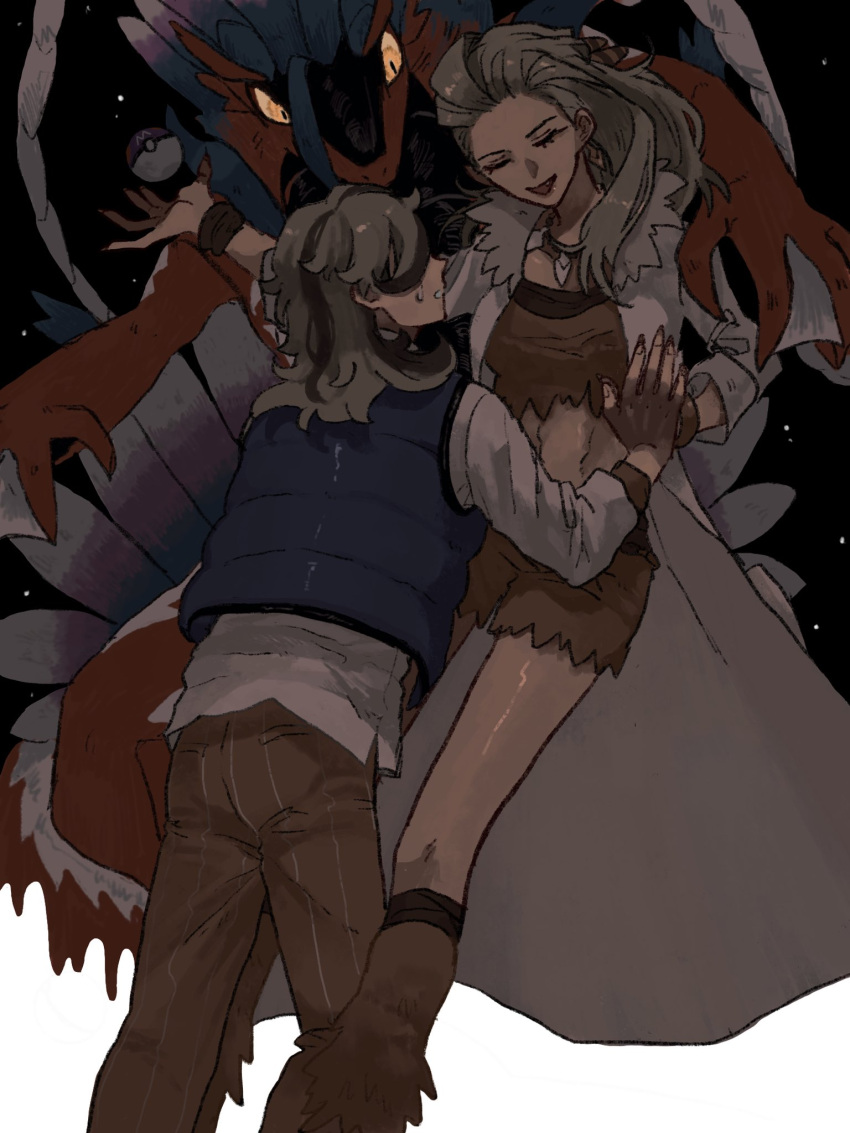 1boy 1girl :d arven_(pokemon) bangle black_background black_hair blue_vest boots bracelet brown_hair closed_eyes coat crop_top feet_out_of_frame fur-trimmed_coat fur_boots fur_trim hair_over_one_eye hair_slicked_back highres holding holding_poke_ball jewelry koraidon lab_coat light_particles long_hair looking_at_another master_ball midriff mother_and_son multicolored_hair muted_color naranja_academy_school_uniform necklace one_eye_covered open_clothes open_coat orange_footwear orange_pants orange_shirt orange_shorts palms_together pants parted_lips pinstripe_pants pinstripe_pattern poke_ball pokemon pokemon_(creature) pokemon_(game) pokemon_sv profile ramuniku_ooo sada_(pokemon) school_uniform shirt shorts simple_background smile streaked_hair striped tears tooth_necklace two-tone_background untucked_shirt vest white_background white_coat white_shirt wristband
