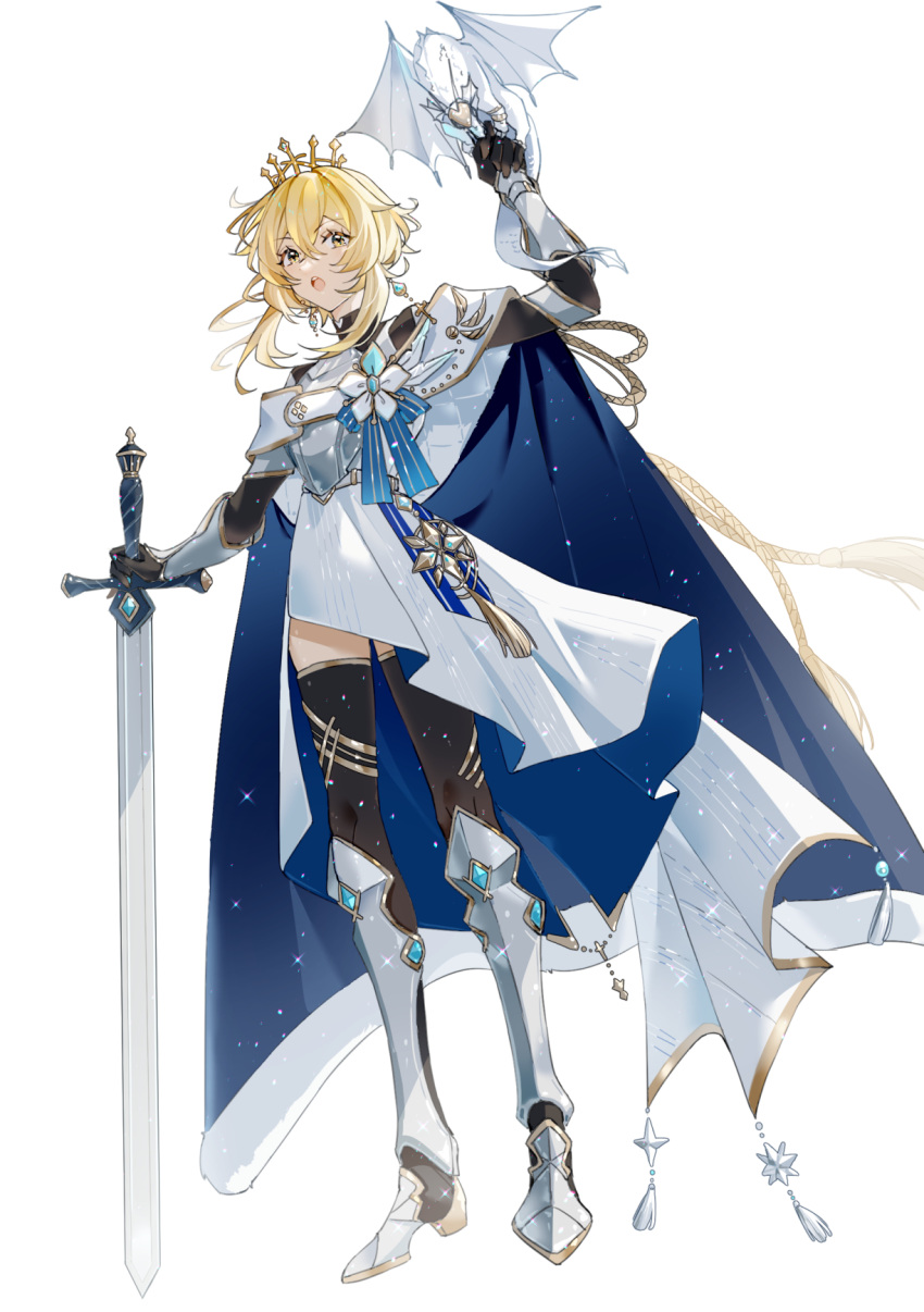 1girl black_thighhighs blonde_hair blue_cape boots cape crown flower full_body genshin_impact highres holding holding_sword holding_weapon knight long_sleeves looking_to_the_side lumine_(genshin_impact) open_mouth shirt solo sword thigh-highs thigh_boots weapon white_flower white_shirt yan_er10 yellow_eyes