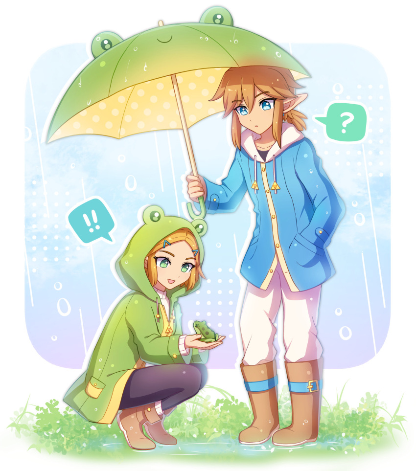 ! !! 1boy 1girl :d :o ? animal_hood black_pantyhose blonde_hair blue_eyes blue_jacket boots brown_footwear buttons collarbone commentary drawstring english_commentary enni eyelashes frog frog_hood grass green_eyes green_jacket green_umbrella hair_between_eyes hair_ornament hairclip hand_in_pocket hand_up highres holding holding_umbrella hood hood_down hood_up hooded_jacket jacket link long_sleeves low_ponytail medium_hair open_mouth pants pantyhose parted_bangs parted_lips plant pocket pointy_ears ponytail princess_zelda puddle rain short_hair sidelocks smile speech_bubble spoken_exclamation_mark spoken_question_mark squatting standing the_legend_of_zelda the_legend_of_zelda:_breath_of_the_wild triforce umbrella water white_pants