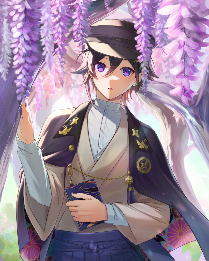 1boy black_cape black_hair black_headwear black_nails blue_hakama blurry book brown_kimono cape day depth_of_field double-parted_bangs dress_shirt ear_piercing earrings floral_print flower hair_between_eyes hakama hat highres holding holding_book holostars japanese_clothes jewelry kanade_izuru kikumon kimono lapels looking_at_viewer male_focus n@o_(nao) official_alternate_costume parted_lips peaked_cap piercing purple_flower sakuramon shirt shosei solo tassel tree two-sided_cape two-sided_fabric upper_body violet_eyes virtual_youtuber white_shirt wisteria