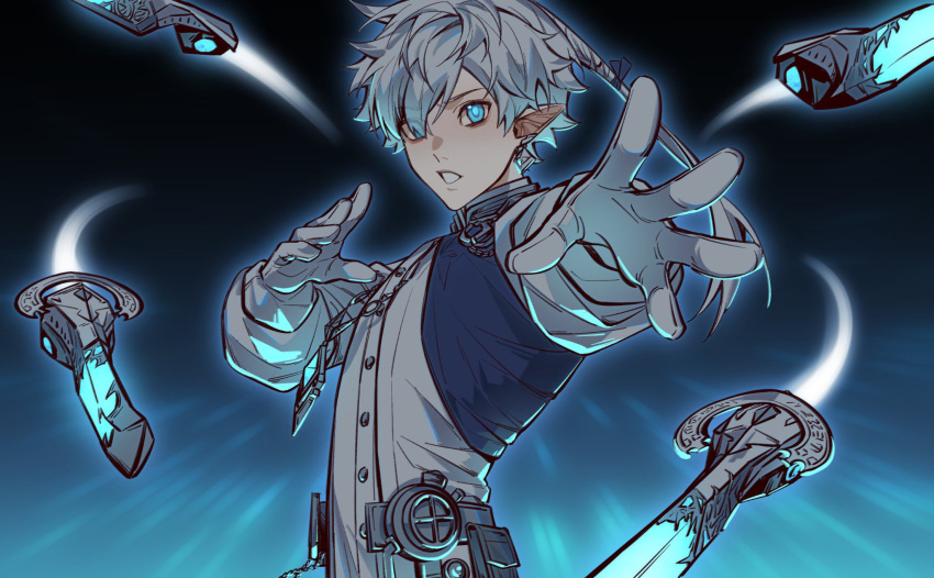 1boy alphinaud_leveilleur aqua_eyes blue_ribbon blue_vest earrings elezen elf fighting_stance final_fantasy final_fantasy_xiv floating floating_object floating_weapon gloves grey_hair hair_between_eyes hair_ribbon hair_tie hao_xiang_yishui_bu_xing highres jewelry looking_at_viewer male_focus parted_lips pendant pointy_ears ribbon shirt short_hair_with_long_locks solo upper_body vest white_gloves white_shirt