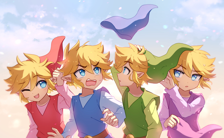 4boys :o ;d belt blonde_hair blue_eyes blue_headwear blue_shirt blue_tunic blush brown_belt clouds cloudy_sky commentary day english_commentary enni gradient_sky green_headwear green_shirt green_tunic hair_between_eyes hand_on_own_head hand_up hat hat_removed headwear_removed highres holding holding_clothes holding_hat link long_sleeves looking_at_another male_focus multiple_boys one_eye_closed open_mouth outdoors parted_bangs parted_lips pointy_ears purple_headwear purple_shirt purple_tunic red_headwear red_shirt red_tunic shirt short_hair sidelocks sky smile sweatdrop teeth the_legend_of_zelda the_legend_of_zelda:_four_swords tunic upper_teeth_only v-shaped_eyebrows wind