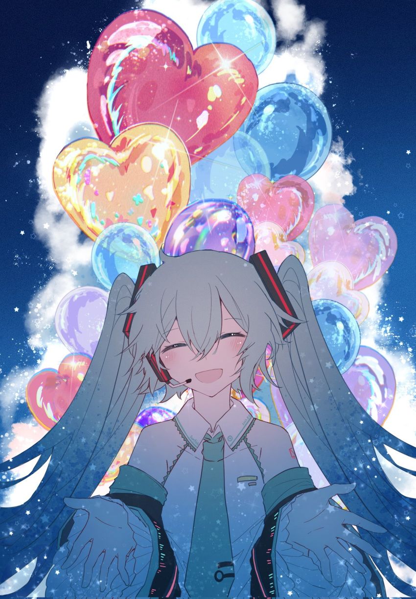 1girl aqua_eyes aqua_hair aqua_necktie balloon bare_shoulders blue_sky blush chinese_commentary closed_eyes clouds cloudy_sky collared_shirt commentary cumulonimbus_cloud detached_sleeves facing_viewer grey_shirt hair_between_eyes hair_ornament hatsune_miku highres long_bangs long_hair long_sleeves microphone necktie number_tattoo open_hands open_mouth outstretched_arms outstretched_hand reaching reaching_towards_viewer shirt shoulder_tattoo sky sleeveless sleeveless_shirt smile solo sparkle sunfish3939 tattoo twintails very_long_hair vocaloid