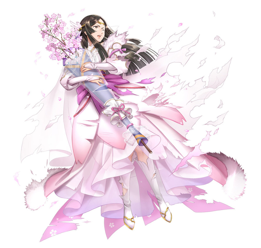 1girl black_eyes black_hair bouquet breasts bridal_gauntlets damaged detached_sleeves dress fire_emblem fire_emblem_awakening fire_emblem_heroes flower fur-trimmed_dress fur_trim hair_ornament holding holding_bouquet medium_breasts medium_hair official_alternate_costume official_art one_eye_closed open_mouth puffy_sleeves purple_scarf say'ri_(fire_emblem) scarf tassel tassel_hair_ornament teeth torn_clothes torn_dress torn_footwear upper_teeth_only white_background white_flower white_footwear