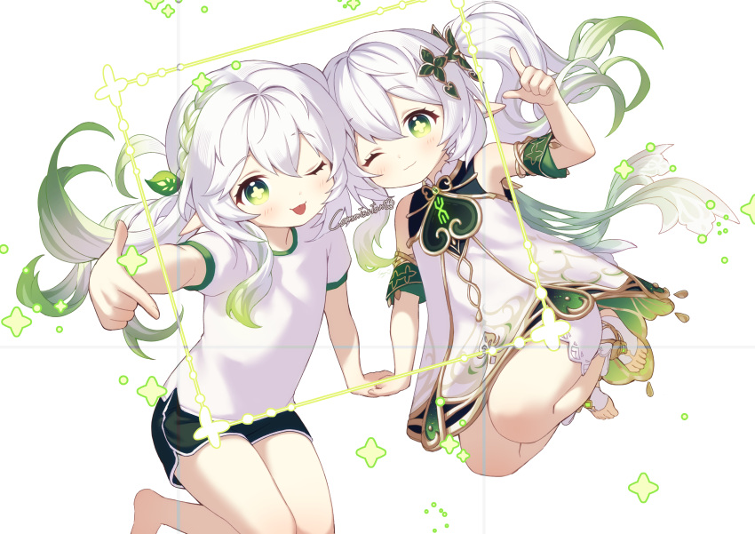 2girls absurdres alternate_costume barefoot black_shorts blush clone commission detached_sleeves dress genshin_impact green_eyes green_hair green_sleeves hair_between_eyes hair_ornament highres ice_s_s_z long_hair looking_at_viewer multicolored_hair multiple_girls nahida_(genshin_impact) one_eye_closed pointy_ears shirt short_sleeves shorts sidelocks simple_background sleeveless sleeveless_dress tongue white_hair white_shirt