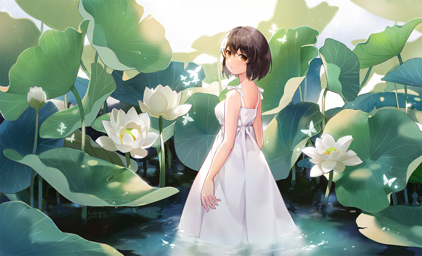 1girl black_hair bob_cut brown_eyes bug butterfly dew_drop double-parted_bangs dress feet_out_of_frame flower from_behind hair_between_eyes looking_at_viewer looking_back lotus lotus_leaf original parted_lips ruru_(lulubuu) sleeveless sleeveless_dress spaghetti_strap standing wading water water_drop white_background white_butterfly white_dress white_flower