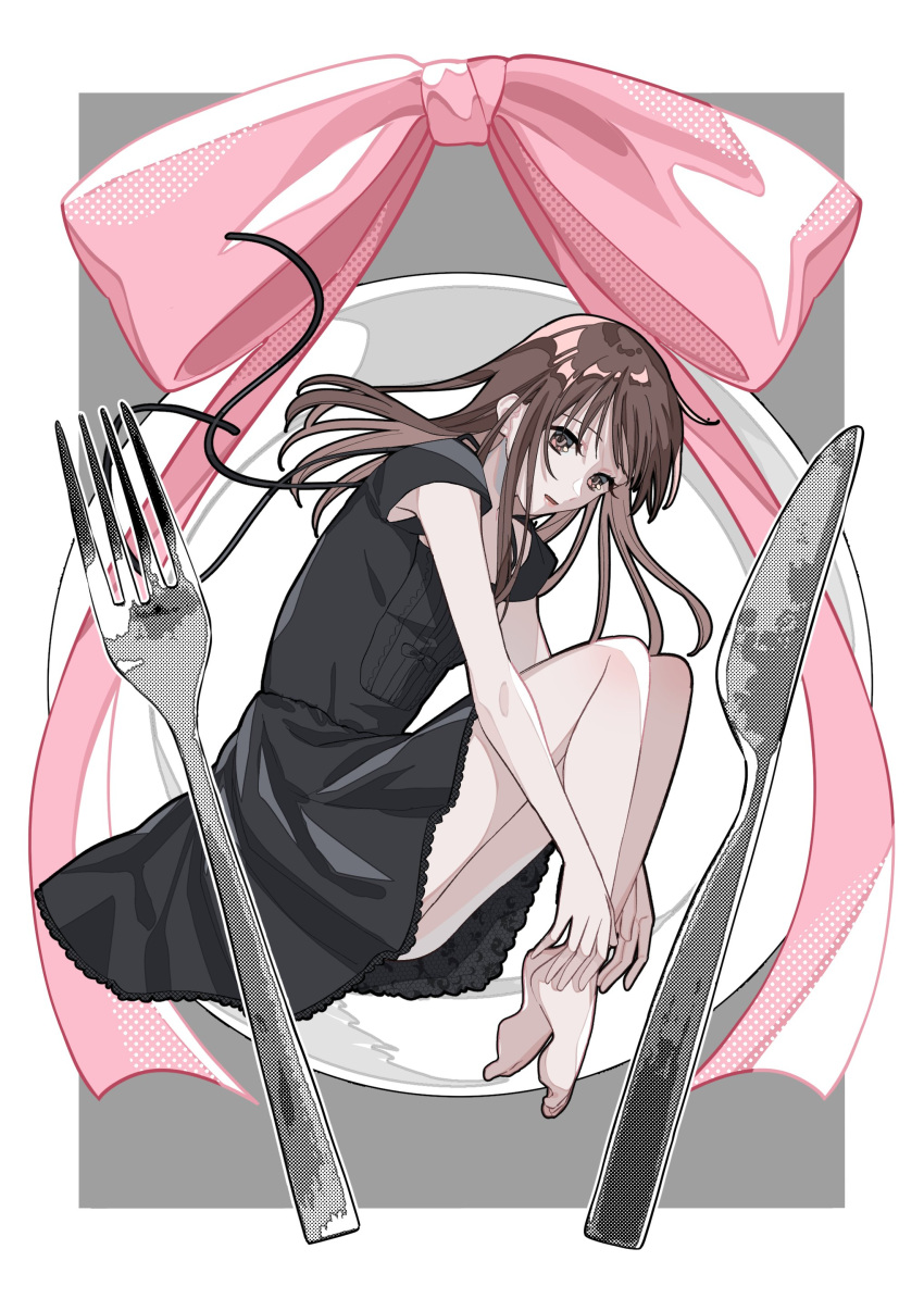 1girl absurdres baby_(demotsu) barefoot black_dress bow breasts brown_eyes brown_hair dress fork fruits_basket full_body highres honda_tohru hugging_own_legs knife long_hair looking_at_viewer medium_breasts parted_lips pink_bow pink_ribbon plate ribbon short_sleeves solo thighs