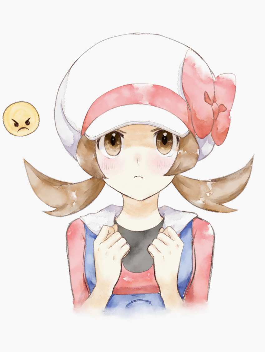 1girl asuka_rkgk blue_overalls blush bow brown_eyes brown_hair cabbie_hat clenched_hands closed_mouth emoji hands_up hat hat_bow highres long_hair looking_at_viewer lyra_(pokemon) overalls pink_bow pink_shirt pokemon pokemon_(game) pokemon_hgss shirt solo twintails white_background white_headwear