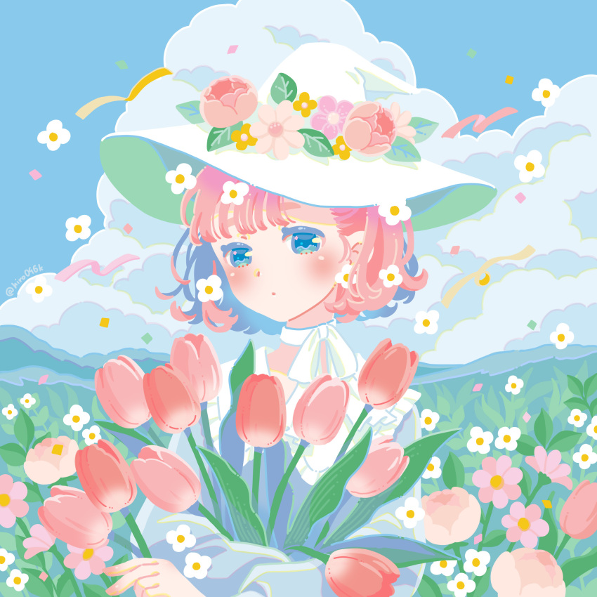1girl blue_eyes clouds cloudy_sky fantasy flower grass hat highres hill hiro046k holding holding_flower looking_at_viewer original outdoors pink_hair ribbon short_hair sky solo tulip white_hair witch witch_hat