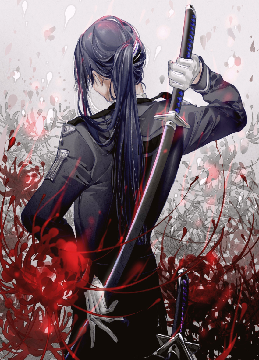 1boy absurdres arms_behind_back black_jacket black_pants blue_hair cowboy_shot dark_blue_hair daxi facing_away flower from_behind gloves grey_background highres holding holding_sword holding_weapon jacket katana long_hair long_sleeves male_focus nagao_kei nijisanji pants ponytail red_flower sheath sheathed solo spider_lily sword virtual_youtuber weapon white_gloves