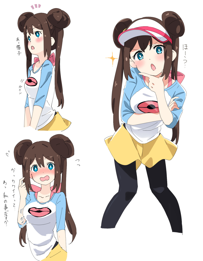 1girl black_pantyhose blush bow breasts bright_pupils brown_hair collarbone commentary_request double_bun doughnut_hair_bun flying_sweatdrops hair_bun hand_on_own_chin highres long_hair looking_up multiple_views notice_lines open_mouth pantyhose pantyhose_under_shorts pink_bow pokemon pokemon_(game) pokemon_bw2 raglan_sleeves rosa_(pokemon) shachiku-man shirt shorts sleeves_past_elbows sparkle stroking_own_chin twintails visor_cap white_background white_pupils yellow_shorts