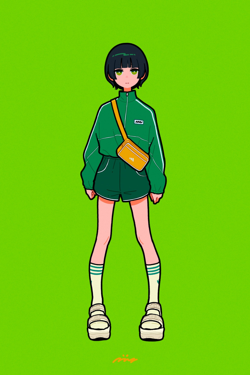 1girl absurdres artist_logo bag black_hair expressionless full_body green_background green_eyes green_shorts green_theme green_track_suit highres looking_at_viewer miyoshi_yoshimi original short_hair shorts shoulder_bag simple_background socks solo standing track_suit white_socks