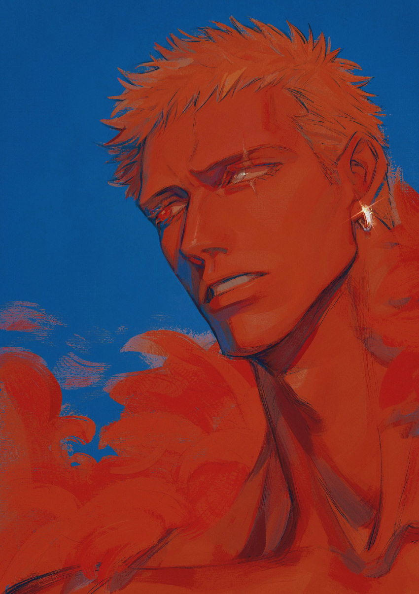 1boy absurdres blonde_hair blue_background coat collarbone donquixote_doflamingo earrings eyelashes feather_coat highres injury jewelry looking_to_the_side male_focus one_piece parted_lips pink_coat portrait red_eyes scar scar_across_eye short_hair solo zoewadewilson