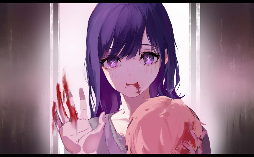 1boy 1girl absurdres anaen blonde_hair blood blood_from_mouth blood_in_hair blood_on_face blood_on_hands blush commentary grey_sweater highres hoshino_ai_(oshi_no_ko) hoshino_aquamarine letterboxed long_hair mother_and_daughter oshi_no_ko purple_hair short_hair smeared_blood spoilers star-shaped_pupils star_(symbol) sweater swept_bangs symbol-shaped_pupils