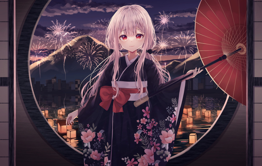 1girl aerial_fireworks black_bow black_kimono bow cityscape closed_mouth clouds cloudy_sky commentary_request fireworks floral_print grey_hair hair_between_eyes hair_bow highres holding holding_umbrella japanese_clothes kimono lantern long_hair long_sleeves looking_at_viewer low_twintails mountain obi oil-paper_umbrella original print_kimono red_bow red_eyes red_umbrella river round_window sash shiro_(acad1213) sky solo sunset twintails umbrella very_long_hair water wide_sleeves window