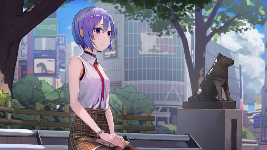 1girl a.i._voice alternate_costume bamboo_fence black_thighhighs black_undershirt blue_sky blurry blurry_background book_on_lap building casual city collared_shirt commentary_request cowboy_shot day expressionless fence hachikou_(dog) hands_on_lap highres kuz looking_ahead necktie on_bench outdoors own_hands_together park plaid plaid_skirt purple_hair red_necktie shibuya_station shirt shirt_tucked_in short_hair sitting skirt sky sleeveless sleeveless_shirt solo thigh-highs tree turtleneck violet_eyes voiceroid watch watch white_shirt yuzuki_yukari yuzuki_yukari_(shizuku)