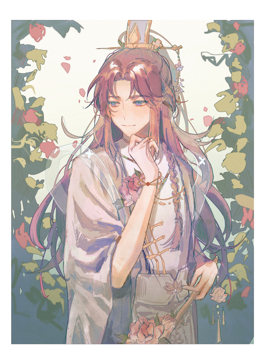 1boy absurdres bingzhen_yugao blue_eyes blush bracelet brown_hair chinese_clothes closed_mouth facing_viewer flower high_ponytail highres jewelry looking_to_the_side male_focus mole mole_under_eye pink_flower smile solo the_tale_of_food xue_ji_geng