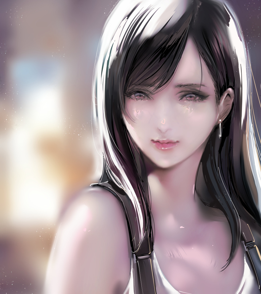 1girl absurdres bare_shoulders black_hair blurry blurry_background brown_eyes dangle_earrings earrings final_fantasy final_fantasy_vii hair_over_shoulder highres jewelry lips long_hair shirt shoji_sakura sleeveless sleeveless_shirt smile solo straight_hair suspenders swept_bangs tifa_lockhart upper_body white_shirt