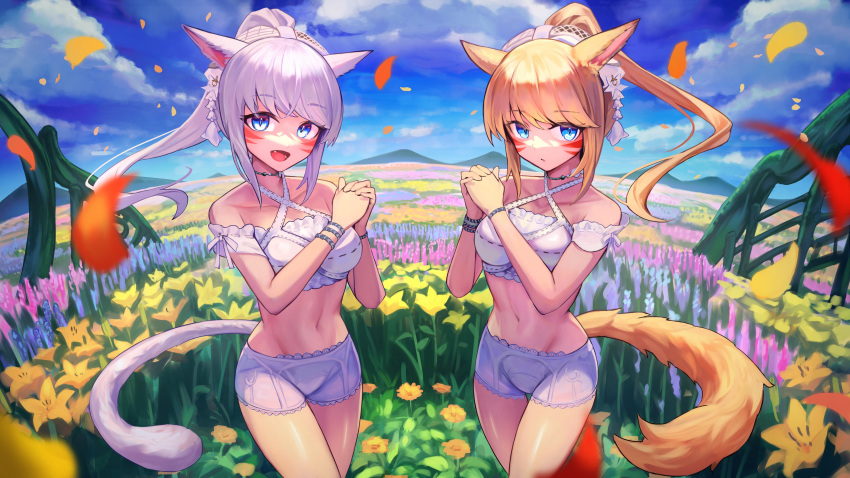 2girls absurdres animal_ears blonde_hair blue_eyes cat_ears cat_girl cat_tail commission facial_mark fang feathers final_fantasy final_fantasy_xiv flower grey_hair hakusyokuto high_ponytail highres long_hair looking_at_viewer miqo'te multiple_girls open_mouth orange_flower petals pink_flower skeb_commission tail warrior_of_light_(ff14) whisker_markings yellow_feathers
