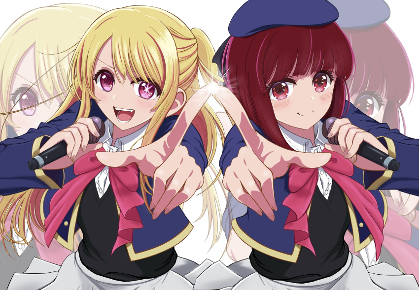 2girls absurdres arima_kana beret black_ribbon black_vest blonde_hair blue_headwear blue_jacket blush bob_cut bow bowtie closed_mouth collared_shirt commentary_request cropped_jacket fangs grey_skirt hat hat_ribbon highres holding holding_microphone hoshino_ruby index_finger_raised inverted_bob jacket long_hair long_sleeves microphone mismatched_pupils multiple_girls one_side_up open_mouth oshi_no_ko pink_bow pink_bowtie pink_eyes pointing pointing_at_viewer red_eyes redhead ribbon school_uniform shirt short_hair sidelocks skirt star-shaped_pupils star_(symbol) swept_bangs symbol-shaped_pupils teeth vest white_shirt youtou_high_school_uniform zaofeng zoom_layer
