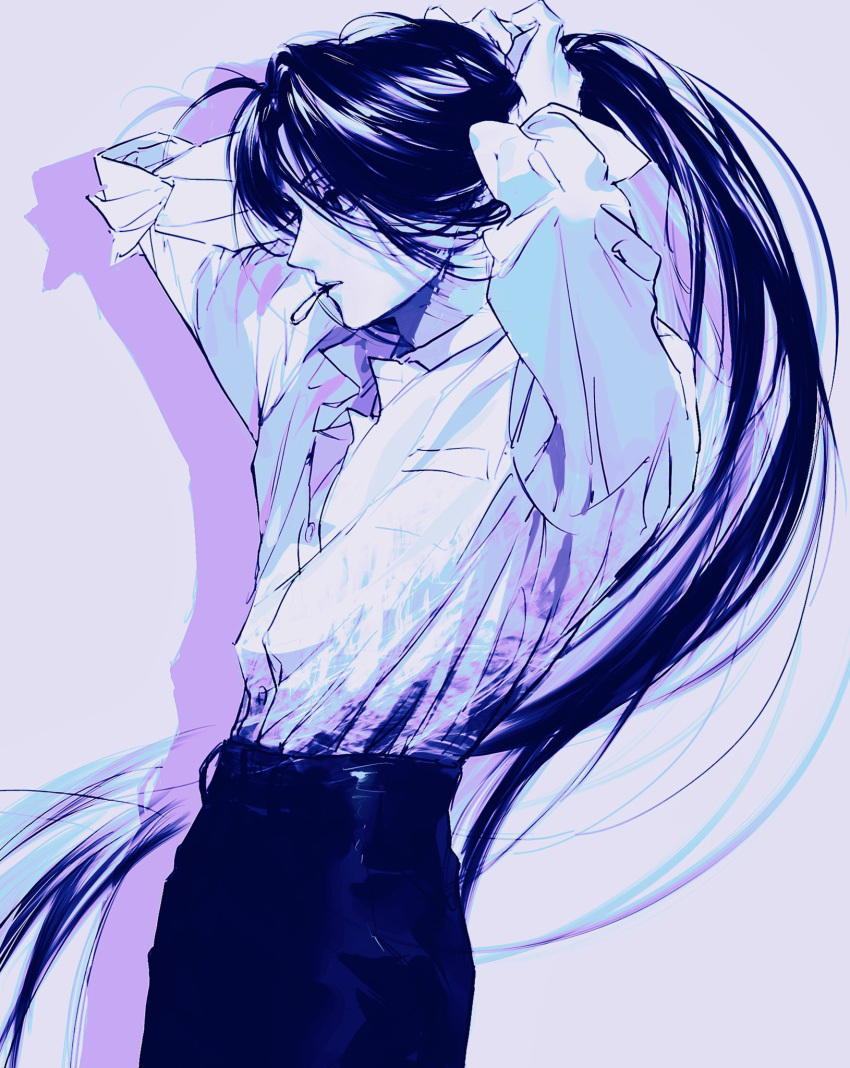 1boy adjusting_hair arms_behind_head arms_up black_hair black_pants butn_0925 collared_shirt hair_between_eyes hair_tie hair_tie_in_mouth hands_in_hair highres hunter_x_hunter illumi_zoldyck long_hair looking_to_the_side male_focus mouth_hold pants ponytail profile rubber_band shirt simple_background solo tying_hair upper_body white_background white_shirt