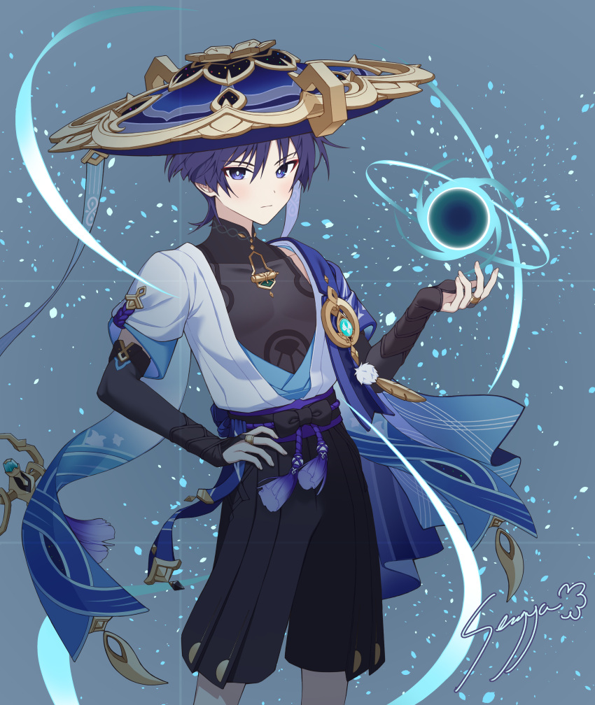 1boy absurdres armor blue_eyes eyeshadow genshin_impact hand_on_own_hip hat highres ice_s_s_z japanese_armor japanese_clothes jingasa kote kurokote looking_at_viewer makeup male_focus mandarin_collar purple_hair red_eyeshadow scaramouche_(genshin_impact) signature simple_background solo tassel vision_(genshin_impact) wanderer_(genshin_impact)