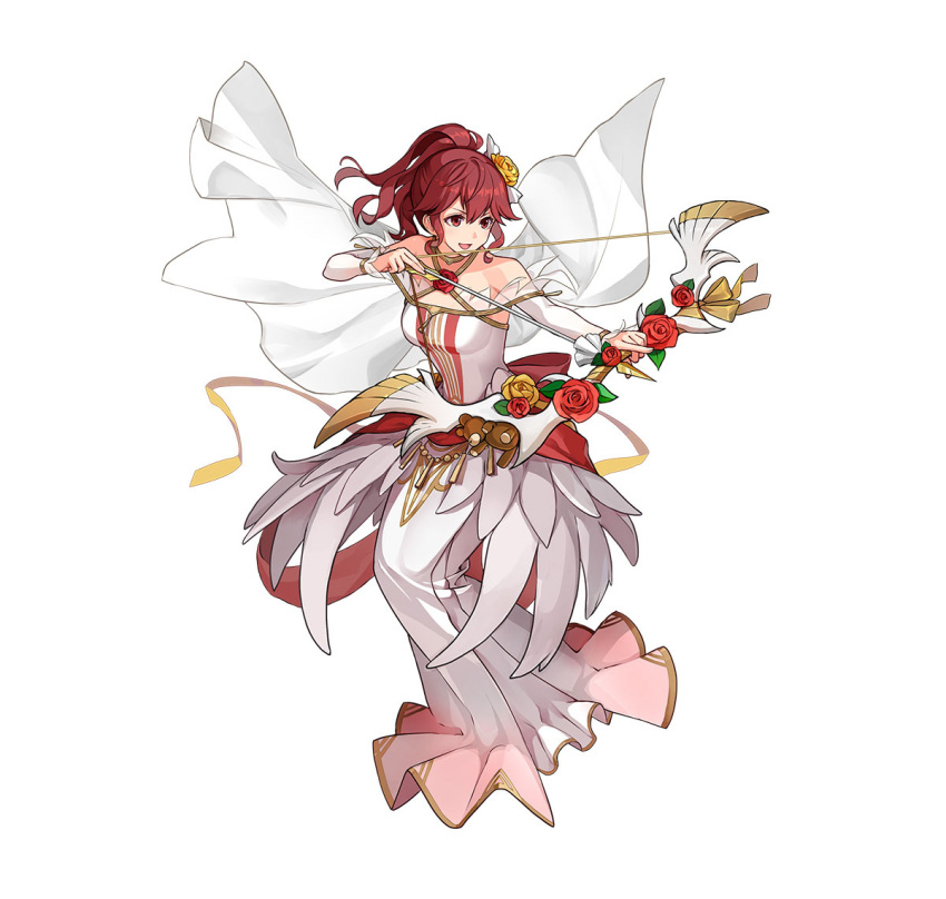 1girl aiming anna_(fire_emblem) attack bare_shoulders bouquet bow_(weapon) breasts detached_sleeves dress feather_trim fire_emblem fire_emblem_heroes flower flower_brooch gold_bracelet gold_choker high_ponytail holding holding_bouquet holding_bow_(weapon) holding_weapon medium_breasts official_alternate_costume official_art open_mouth ponytail red_eyes red_flower red_rose redhead rose smile v-shaped_eyebrows weapon white_background white_dress yellow_flower yellow_rose